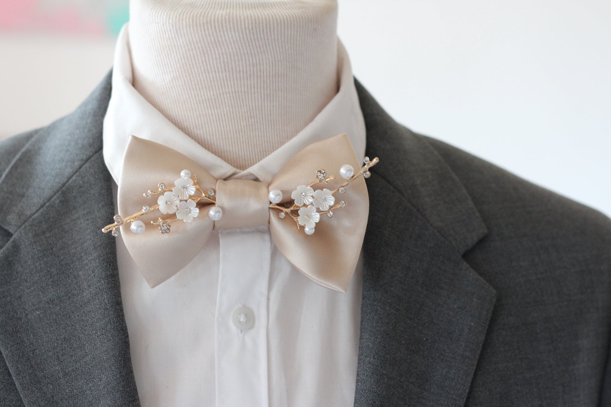 Beige ecru Hochzeit manner Fliegen, Herrenfliege satin, 