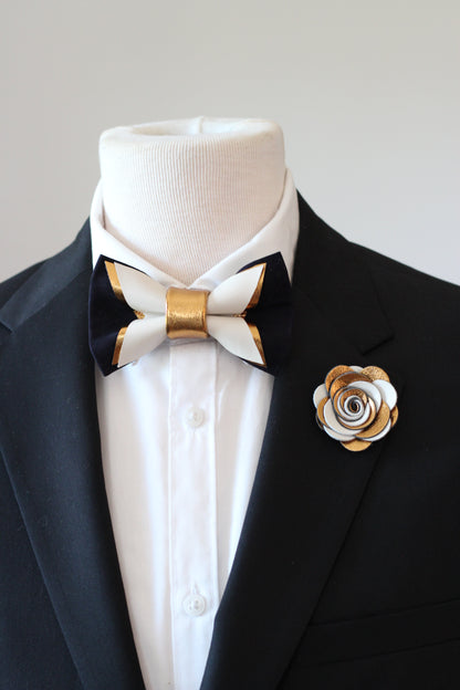 Schwarze Herrenfliege aus Leder mit Ansteckblume