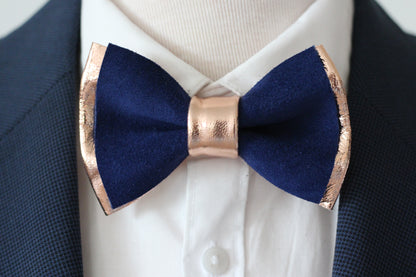 Rosegoldene und blaue Herren Fliege aus Leder