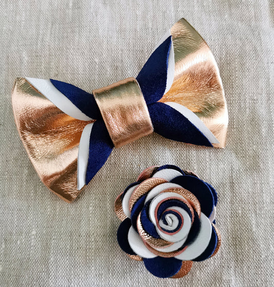 Rosegoldene und blaue Herren Fliege aus Leder